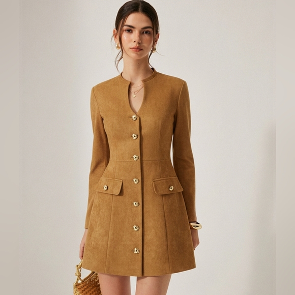 Commense Dresses & Skirts - Commense Metal Button Suede Effect Keyhole-Neck Mini Dress SPU: OA250828011